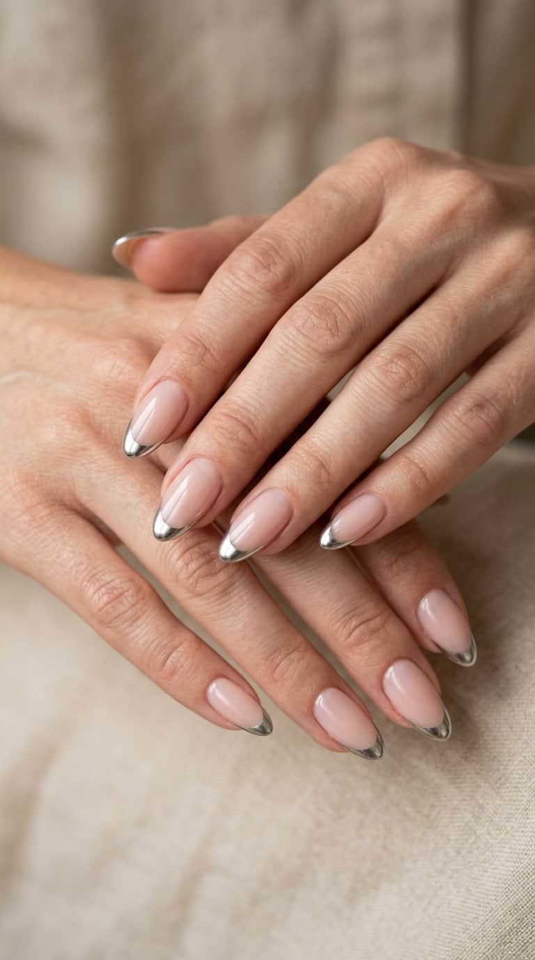 A close-up of manicured hands with sheer pink nails and shiny silver French tips.
