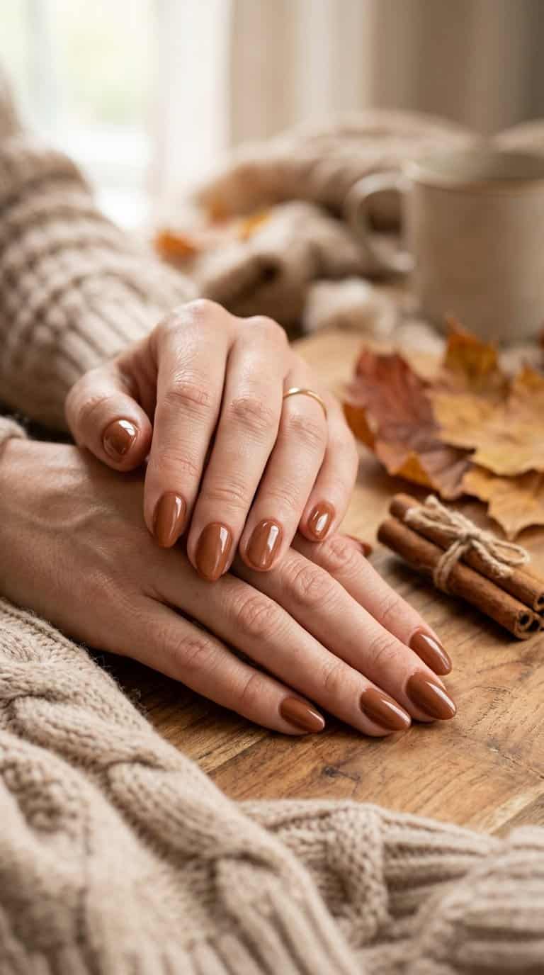 A woman’s hands with glossy cinnamon-brown nail polish resting beside cinnamon sticks and autumn leaves.