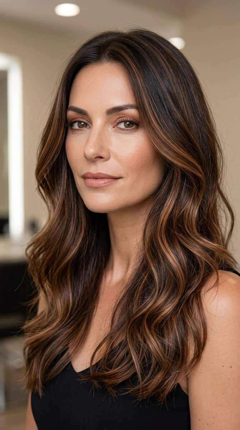 Woman with long brunette hair featuring warm cinnamon and caramel highlights.