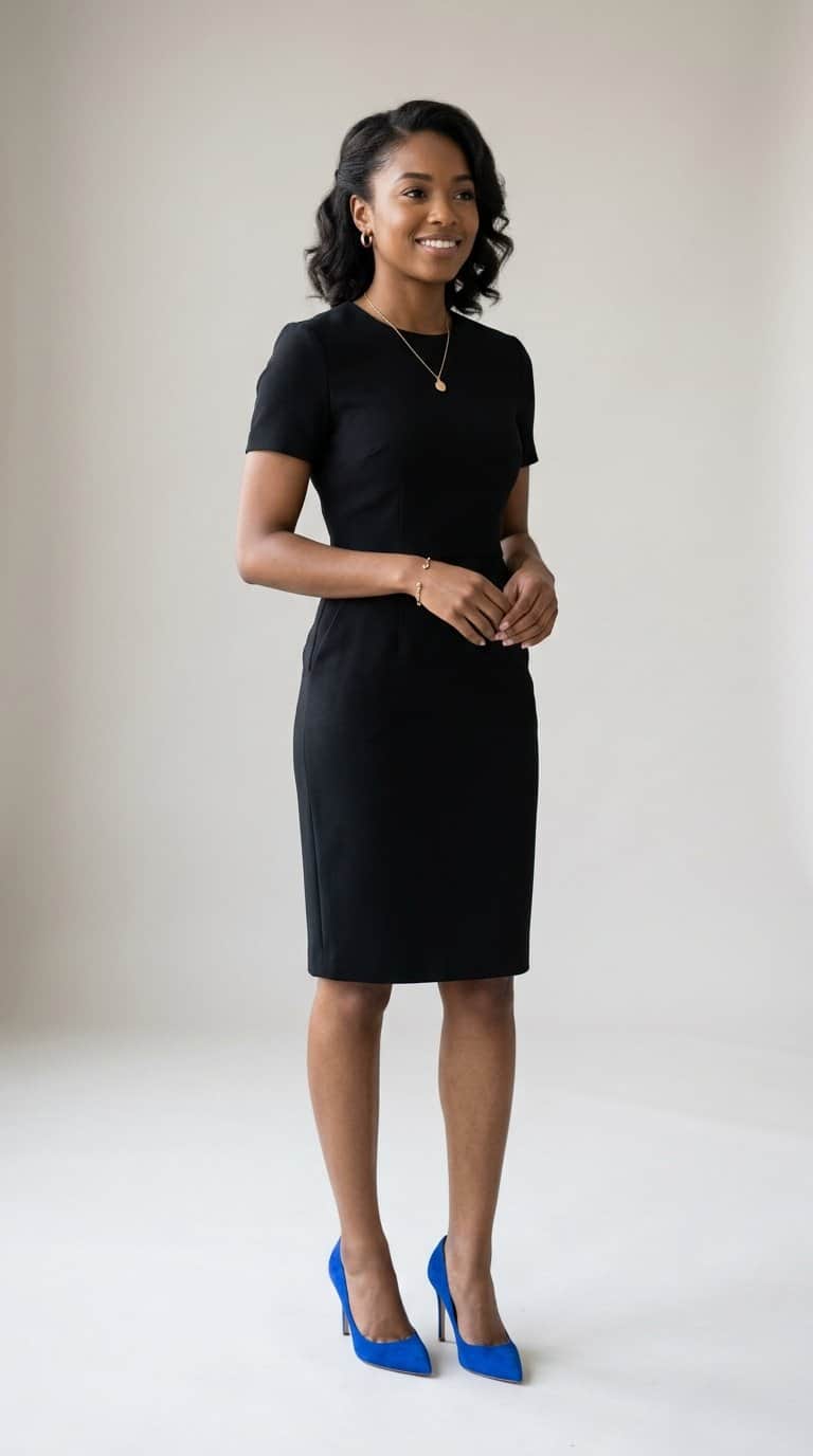 A woman wearing a classic black dress with colorful high heels.
