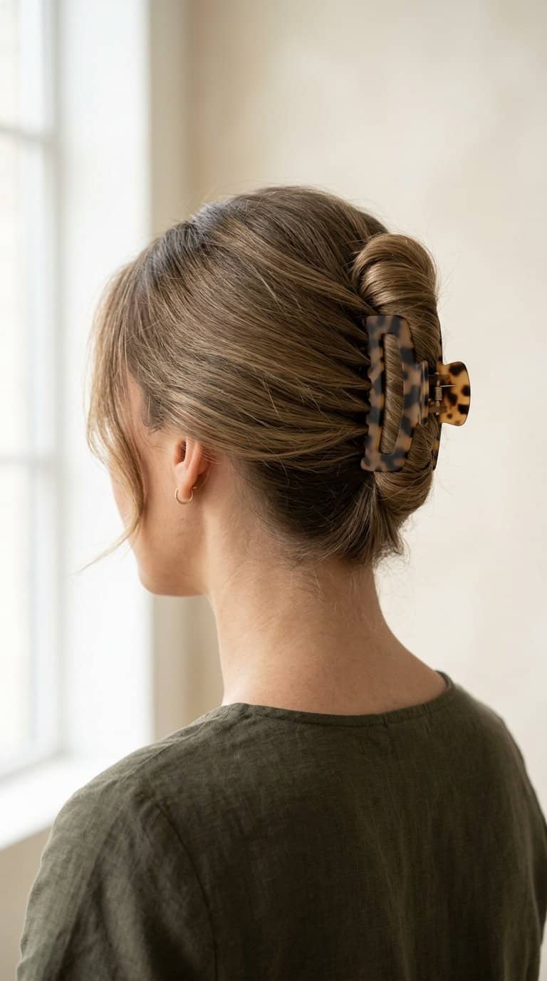 Woman wearing a French twist secured with a claw clip.