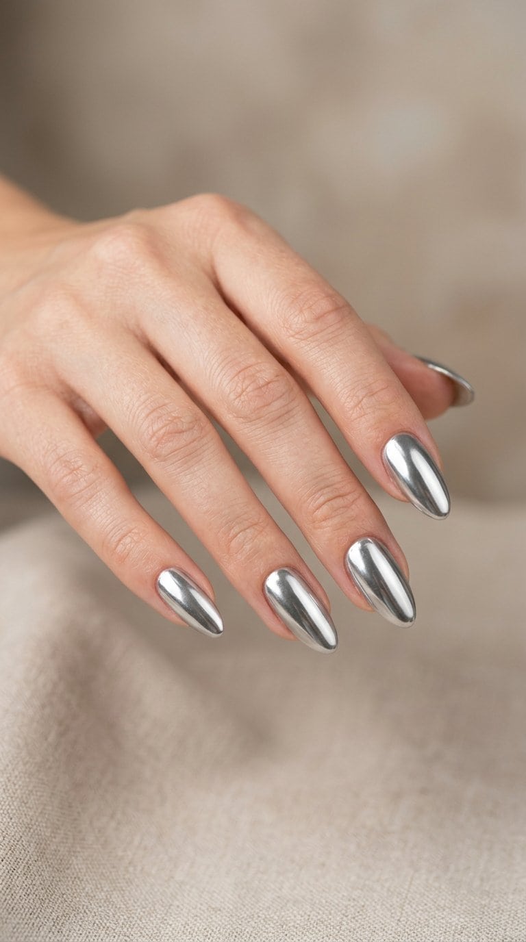 A hand with polished silver chrome almond-shaped nails against a neutral background.