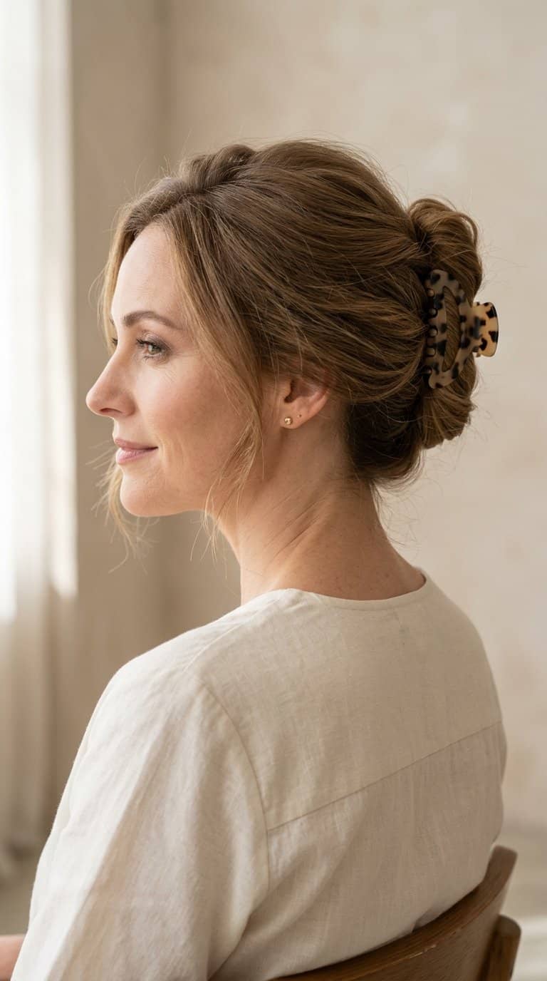 Woman wearing a claw clip hairstyle with added volume.