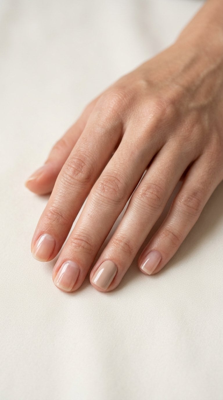 A hand with glossy clear nails and one nude-colored accent nail.