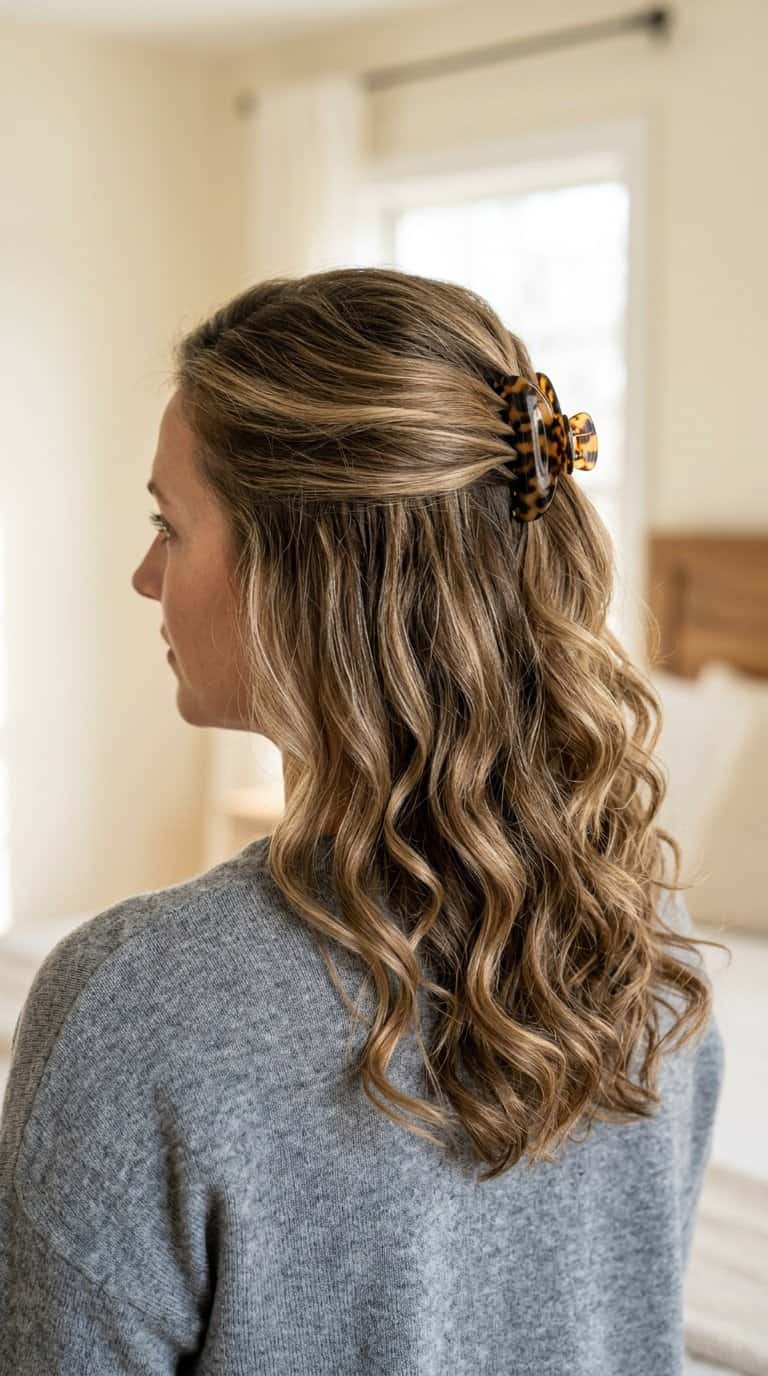Woman wearing her hair clipped back at the crown with soft curls falling over her shoulders.
