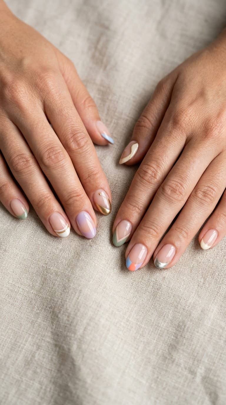 Close-up of manicured hands displaying colorful, creative French tip nail designs on a neutral surface.