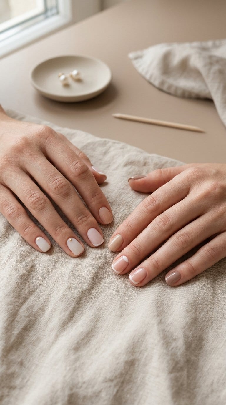 Close-up of well-groomed hands with short, neutral-colored minimalist manicured nails resting on a light surface.