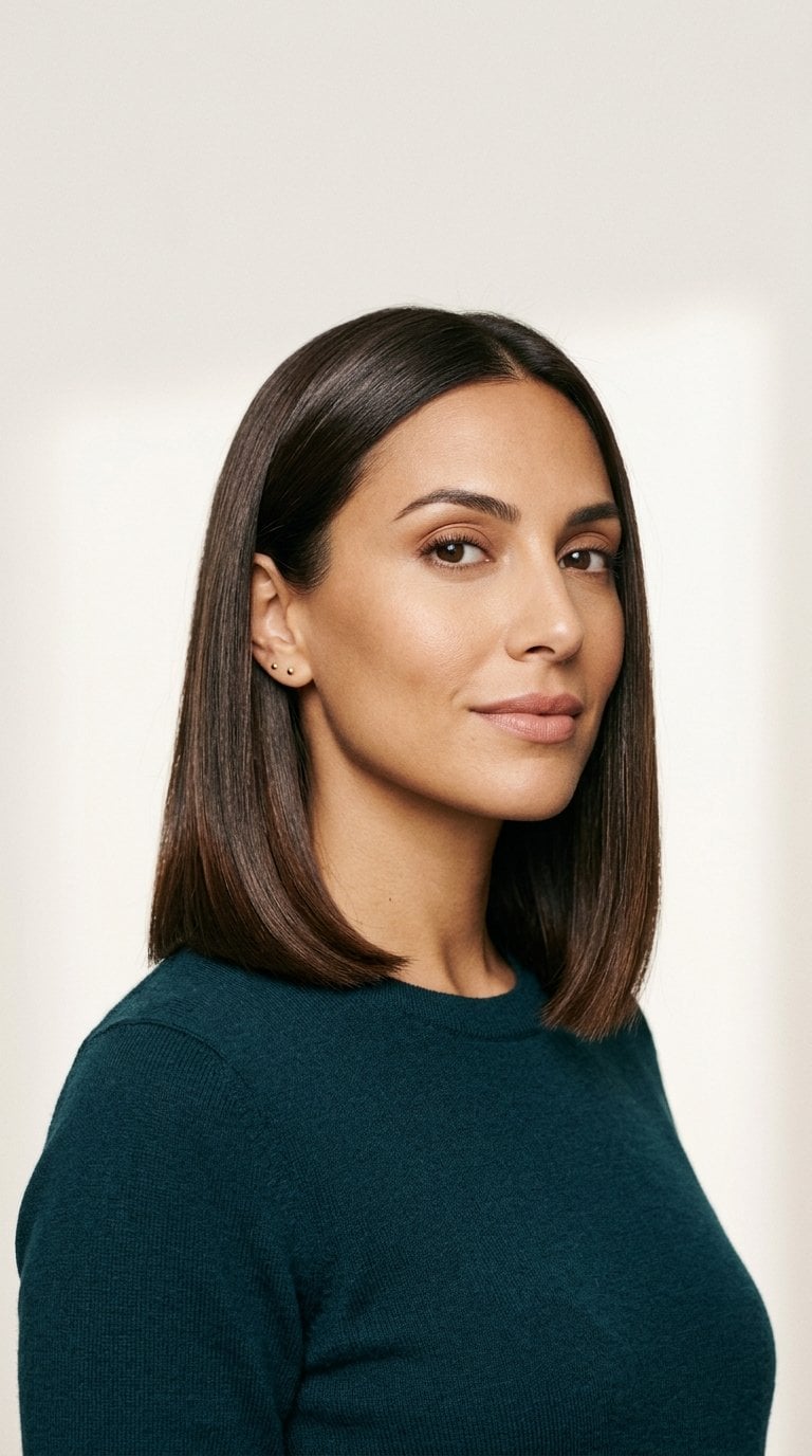 Woman with sleek, straight hair cut evenly at collarbone length.
