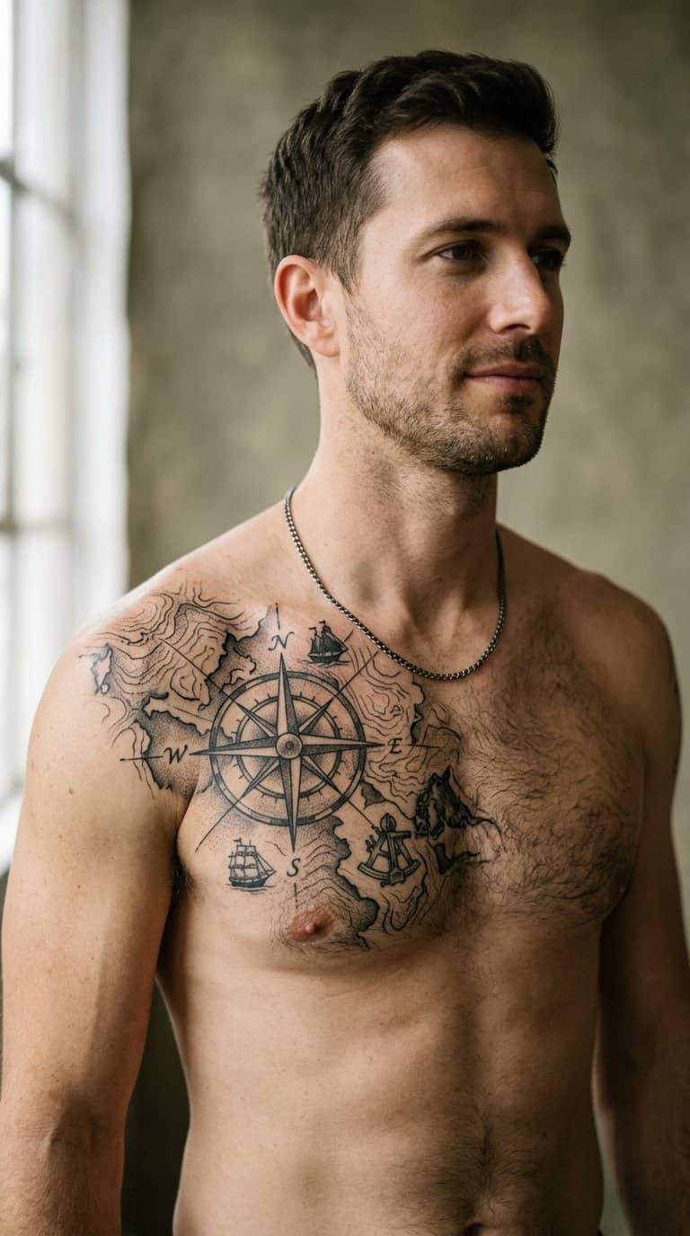 A shirtless man displays a detailed compass and map tattoo across his chest.