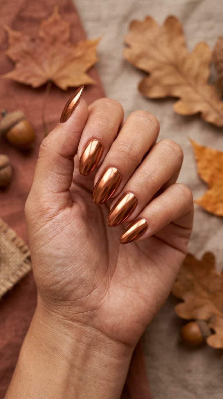 A hand with glossy copper metallic nails rests among warm autumn leaves.