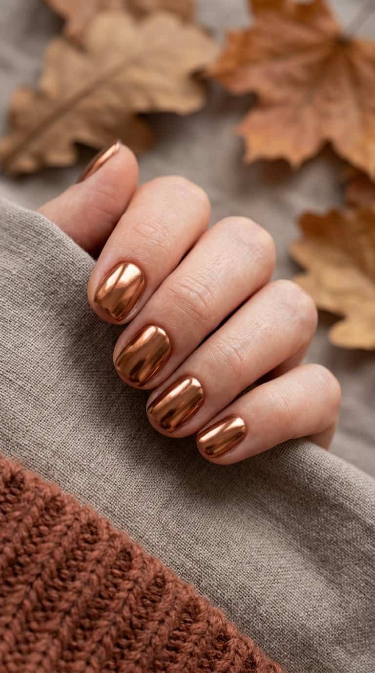 A hand with short copper-colored metallic nails resting on a neutral surface.