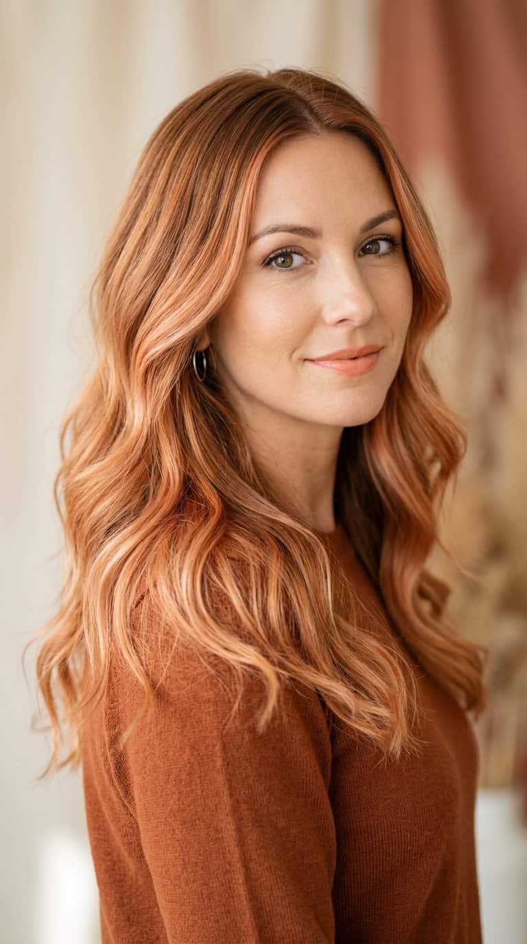 Woman with long wavy hair featuring blended copper and peach highlights.
