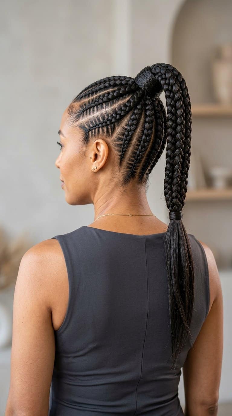 Woman with a neatly braided ponytail updo viewed from behind.