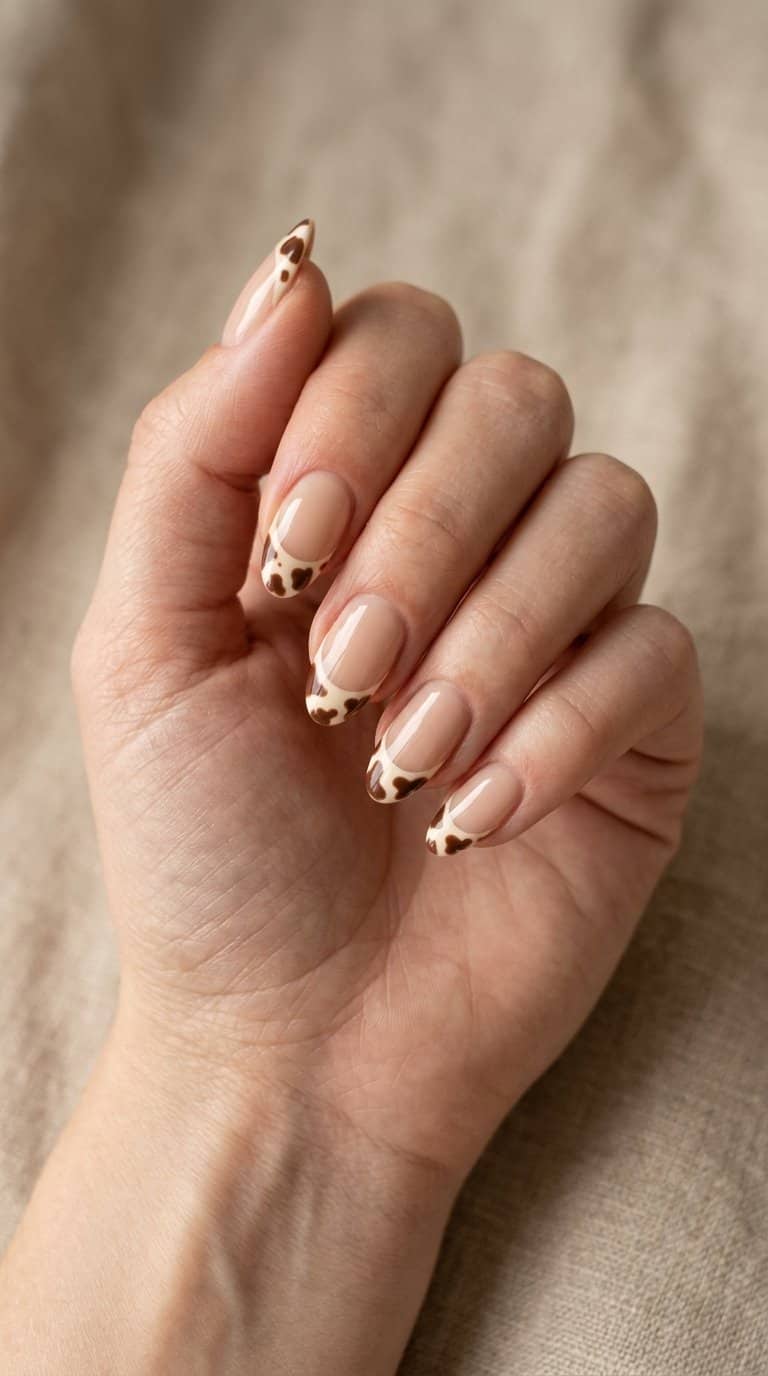 A manicured hand showing chocolate brown and cream cow-print French tip nails.