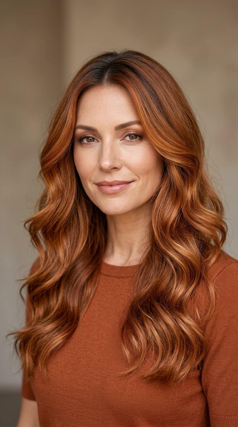Woman with long wavy copper hair and darker roots against a warm neutral background.