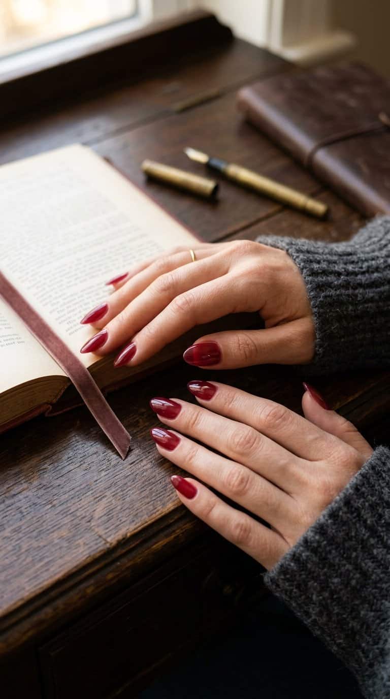Close-up of a hand with glossy translucent cranberry-red almond-shaped nails resting beside an open book on a dark wooden desk.