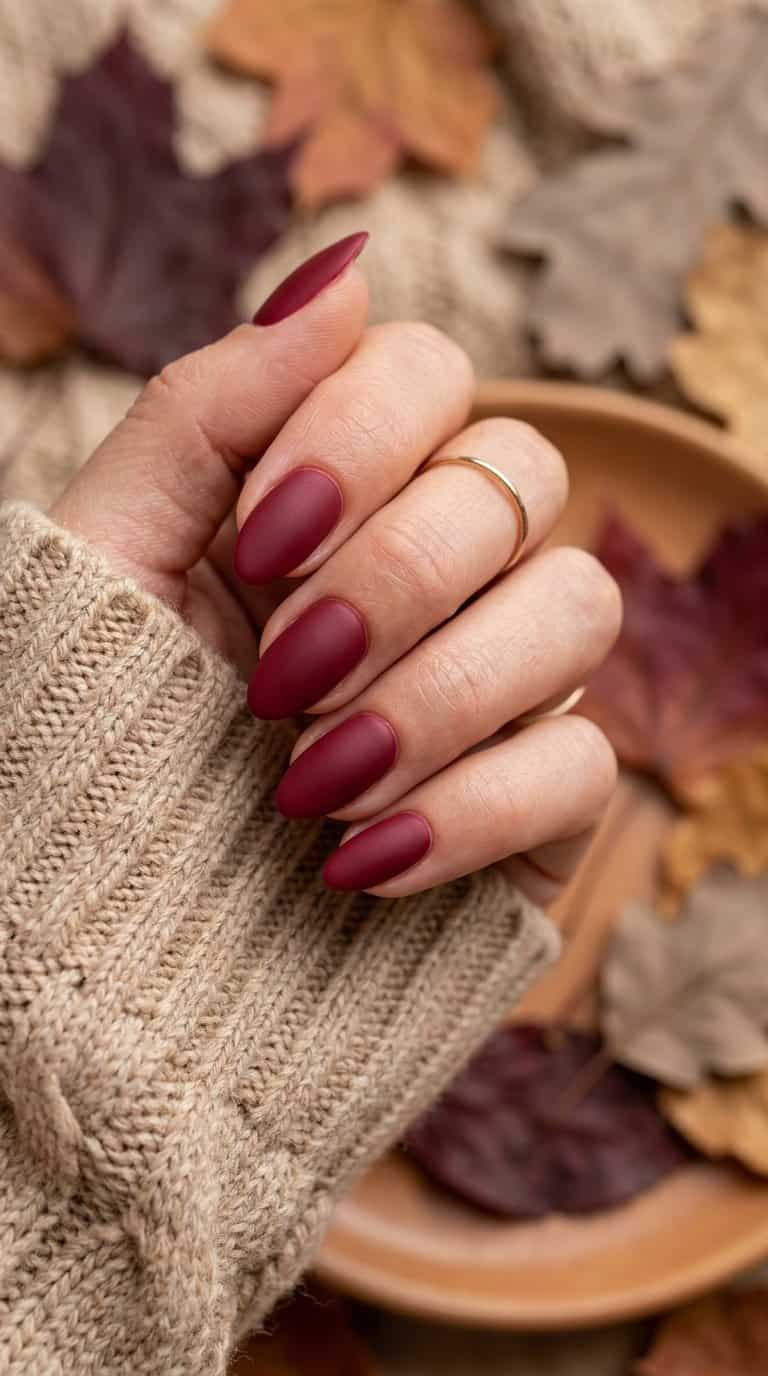 A close-up of hands with cranberry-colored matte almond-shaped nails.