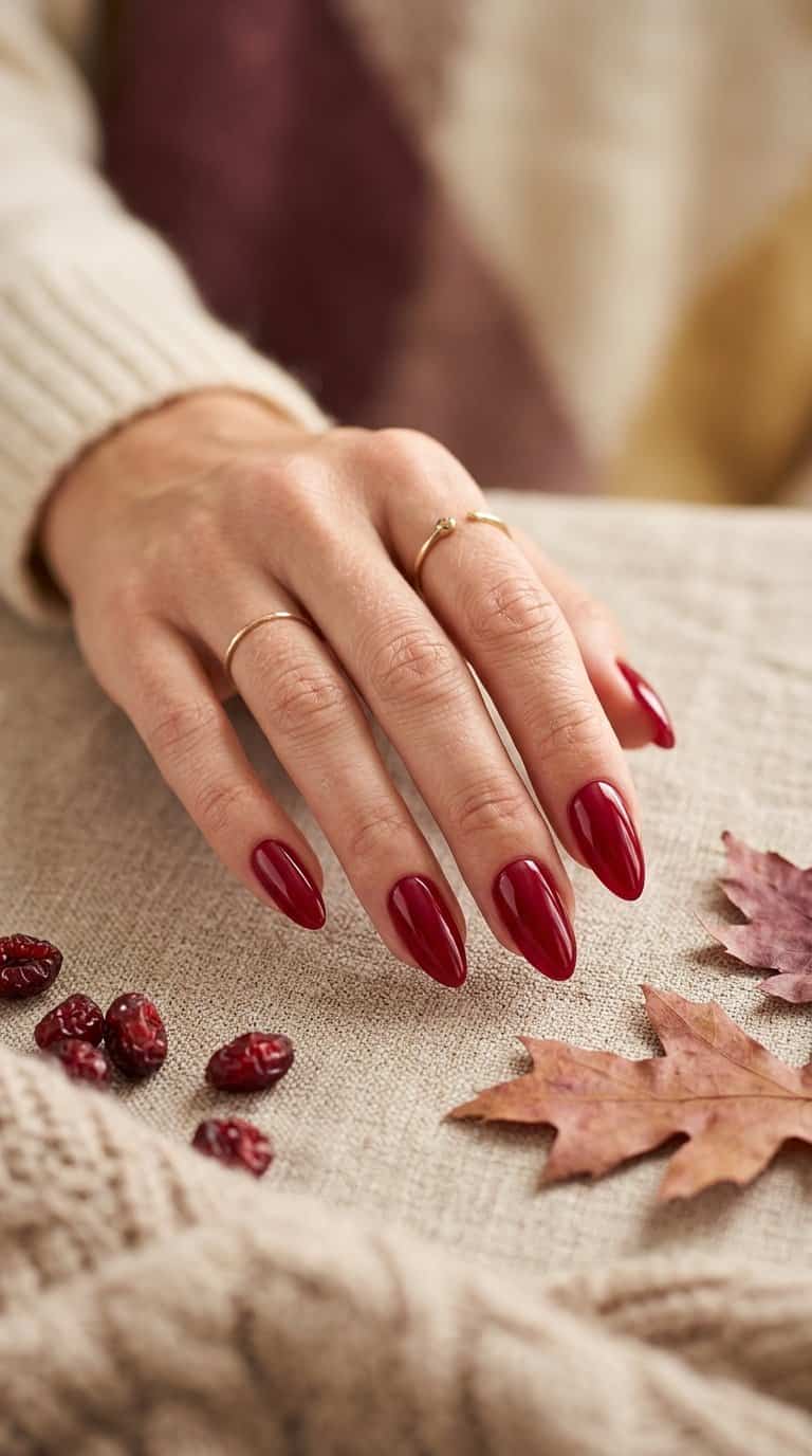 A hand with glossy cranberry-red painted nails resting beside autumn leaves and berries.