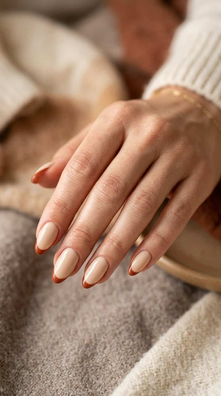 A close-up of hands with almond-shaped cream nails and rust-colored tips.