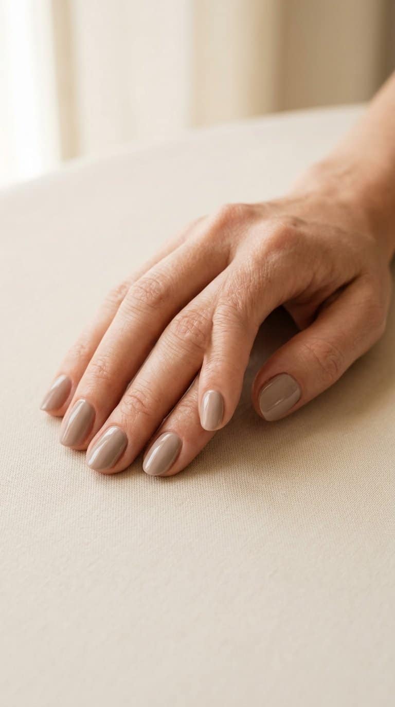 A hand with short oval nails painted creamy taupe polish resting on a neutral surface.
