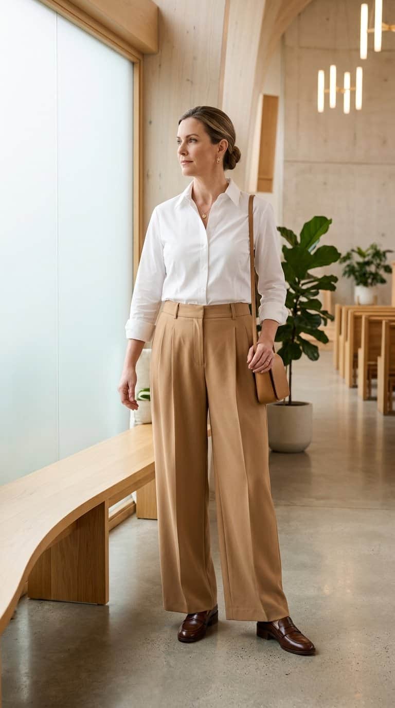 Woman wearing a white shirt and pleated wide-leg pants standing inside a bright church.