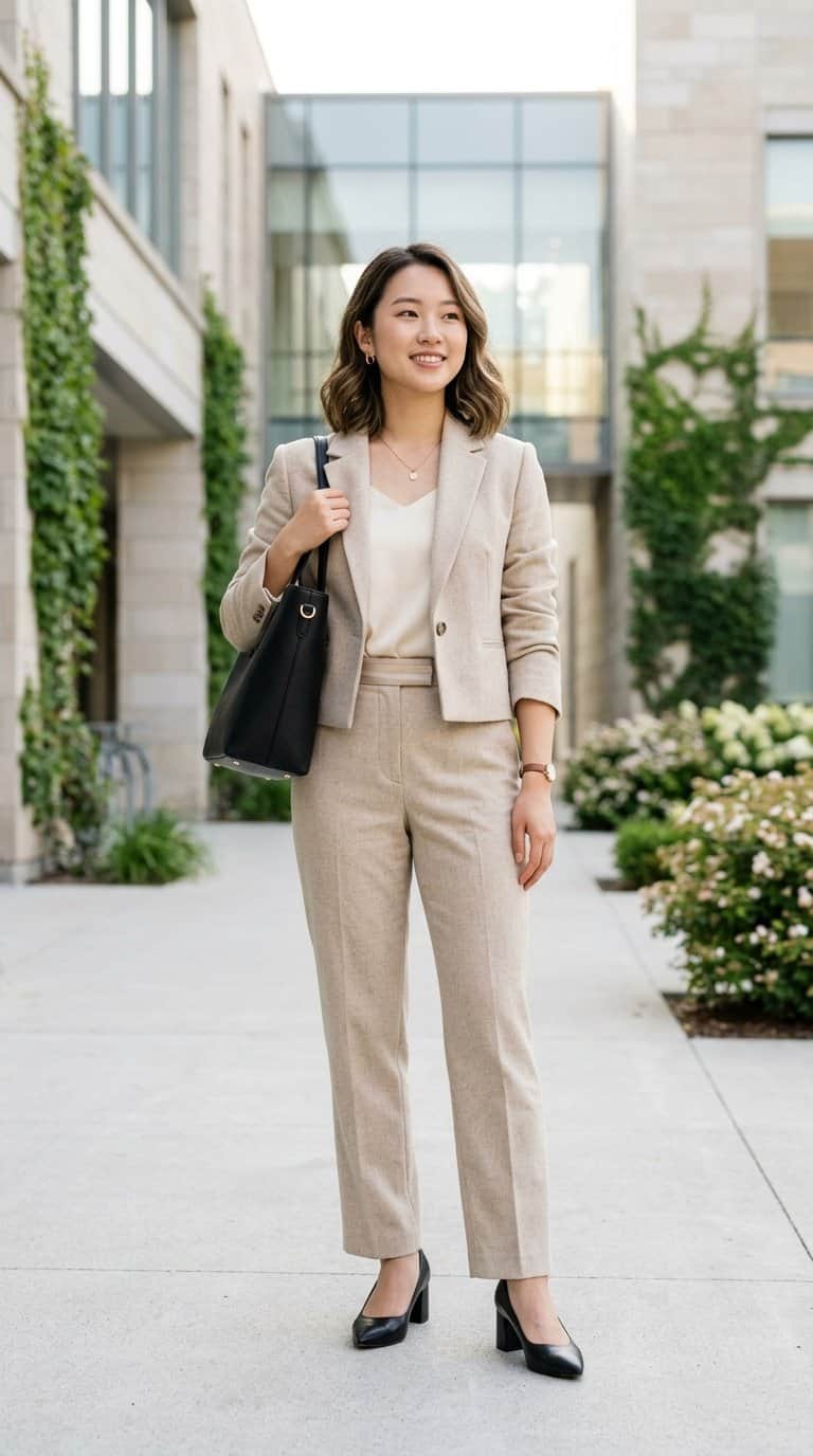 A young woman wearing a cropped blazer and high-waisted trousers stands on a university campus.