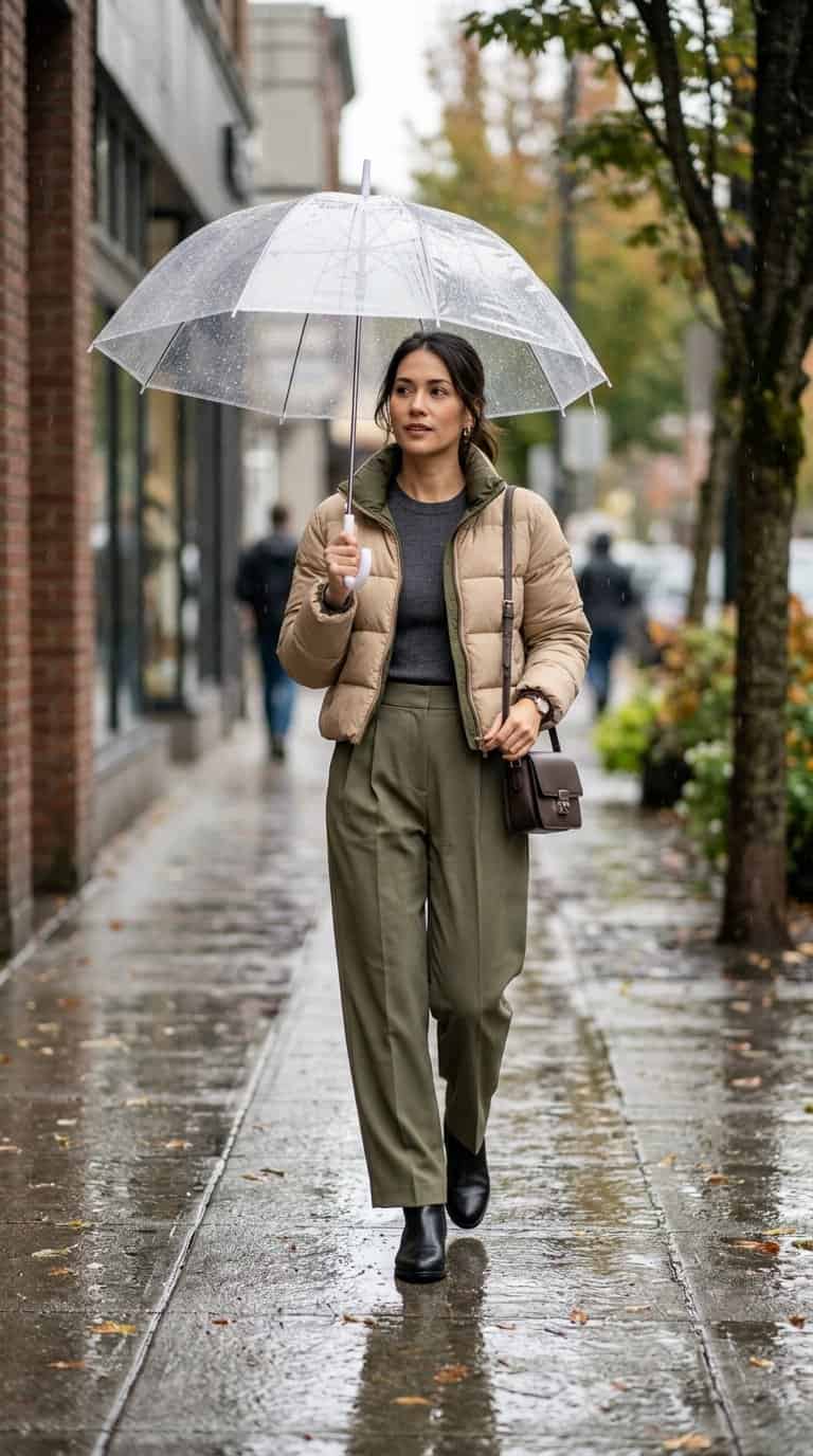 A woman in a cropped puffer jacket and pleated wide-leg pants walks with an umbrella on a rainy city sidewalk.