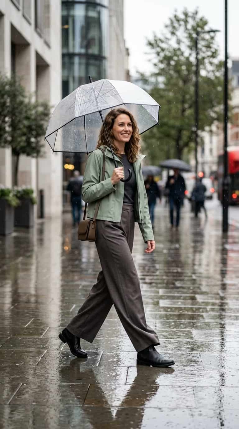 A woman wearing a cropped rain jacket and wide-leg trousers walks with an umbrella on a rainy city sidewalk.