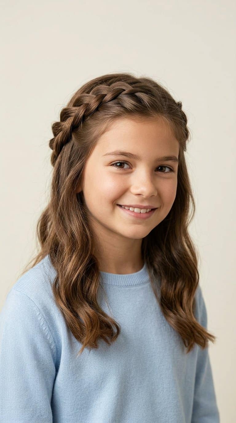 A smiling school-age girl wearing a crown braid with loose waves.