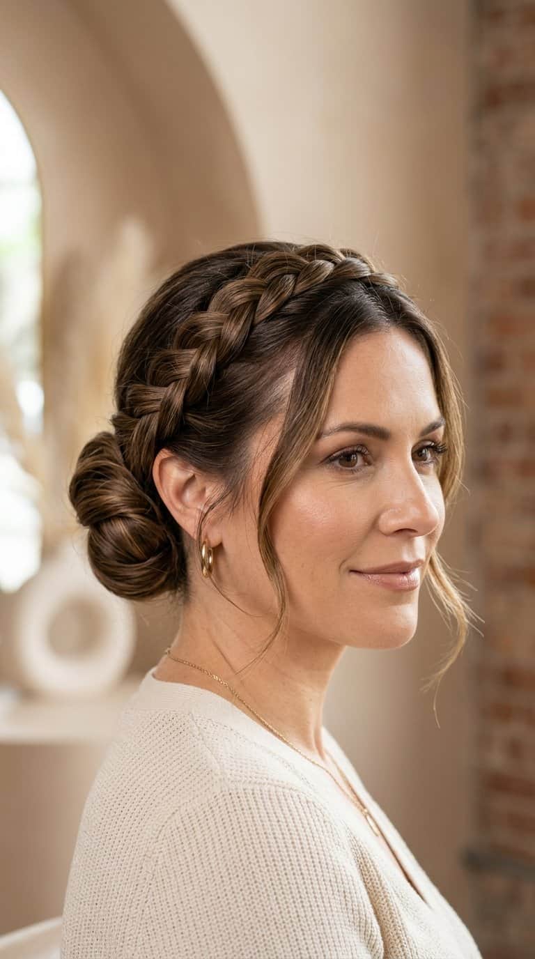 Woman wearing a crown braid wrapped around her head with a side chignon.