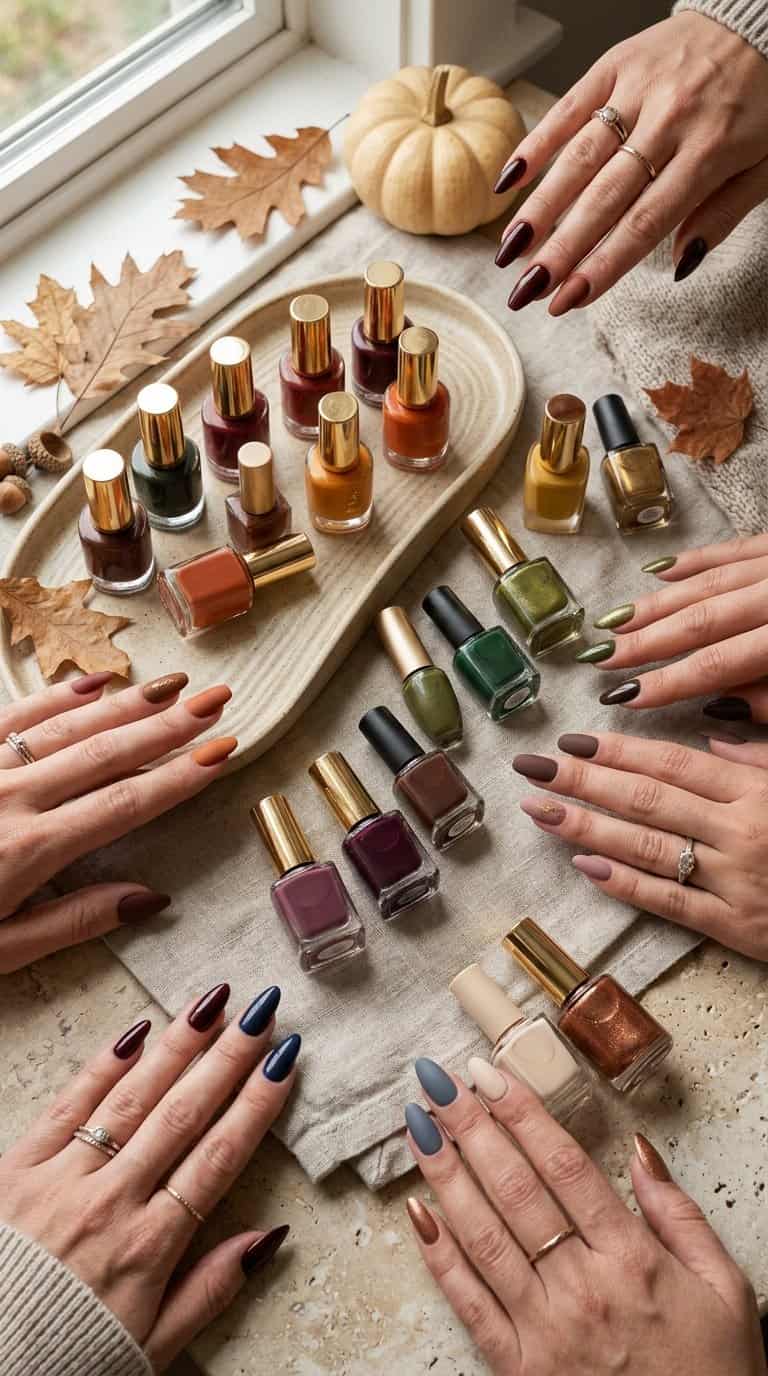 A curated display of hands and nail polish shades in rich autumn colors beside subtle seasonal decorations.