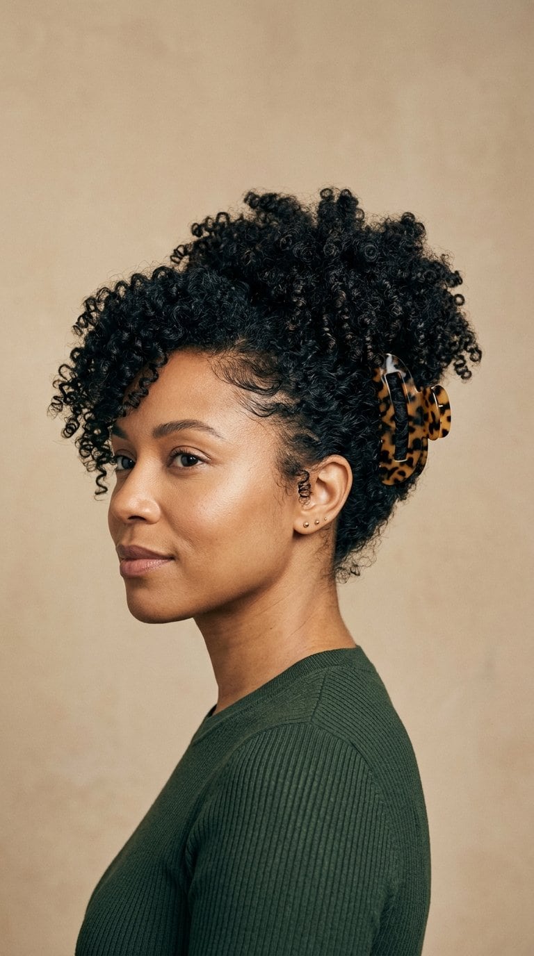Woman wearing her curly hair in a rounded puff secured with a claw clip.