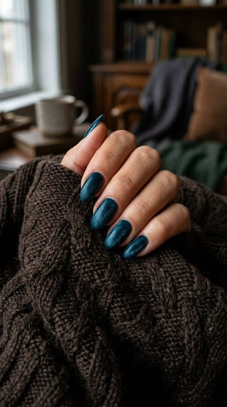 A hand with dark teal velvet-finish nails rests on a brown knitted sweater.