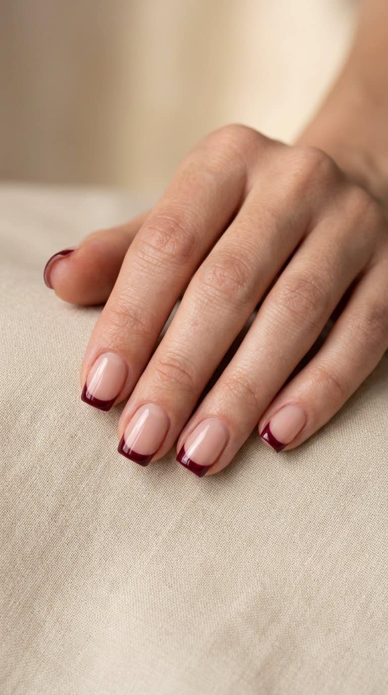 A hand displays short square nails with deep burgundy French tips.
