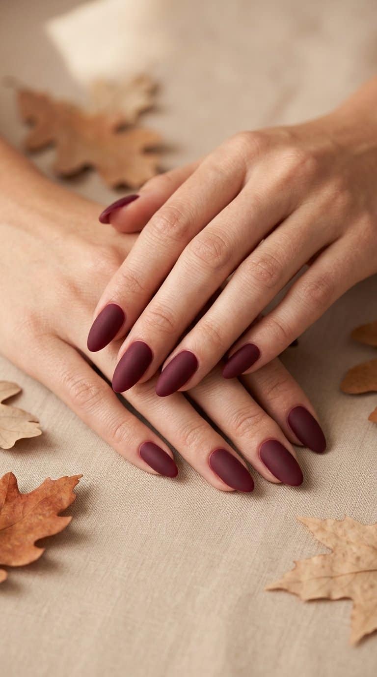A hand displaying neatly shaped deep burgundy matte nails on a warm neutral background.
