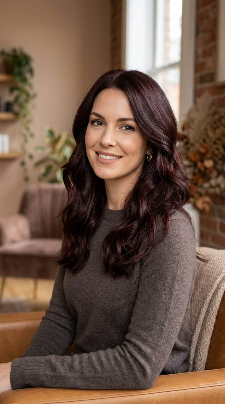 A woman with glossy deep merlot brown hair poses in a softly lit salon.