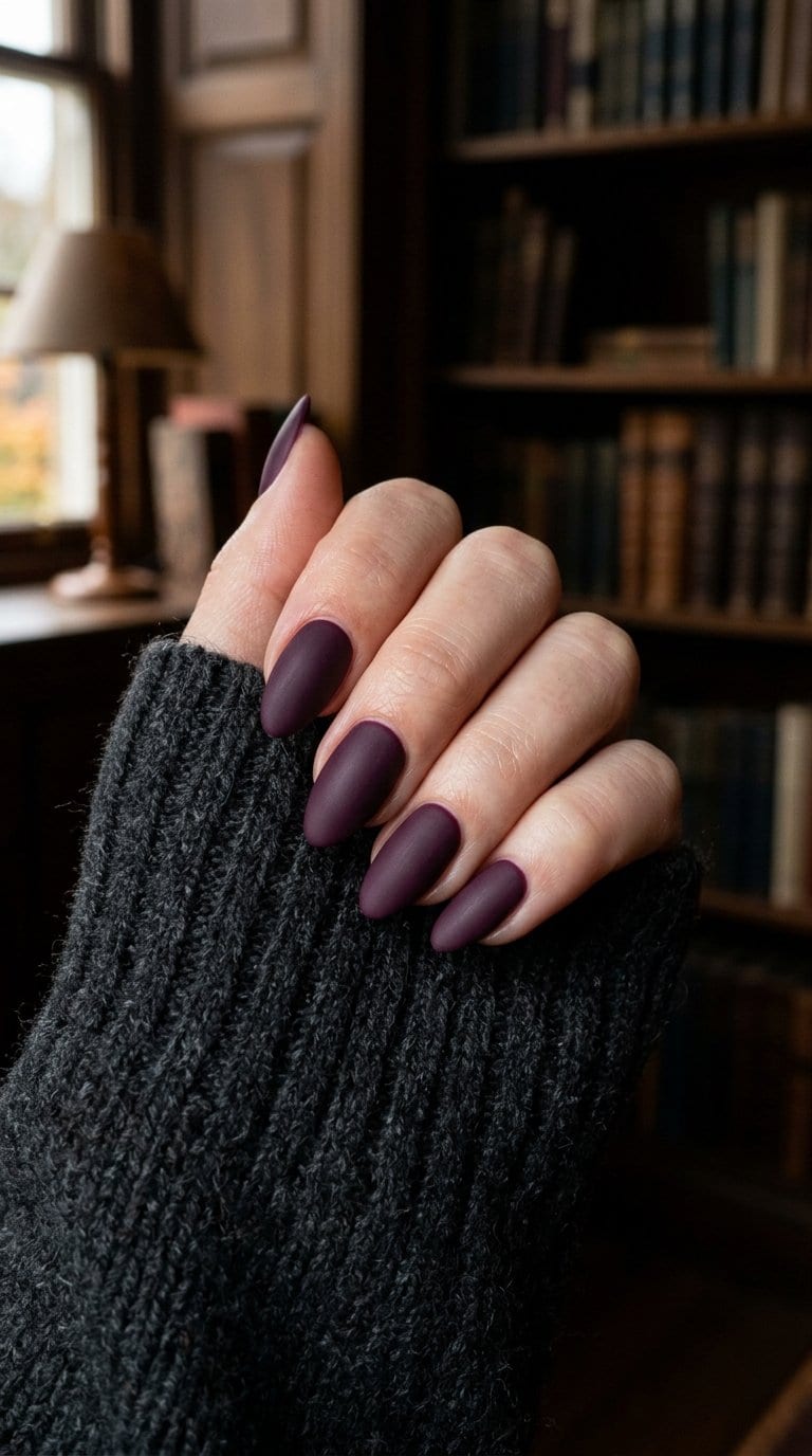 A hand with deep plum matte nails resting on a dark sweater.