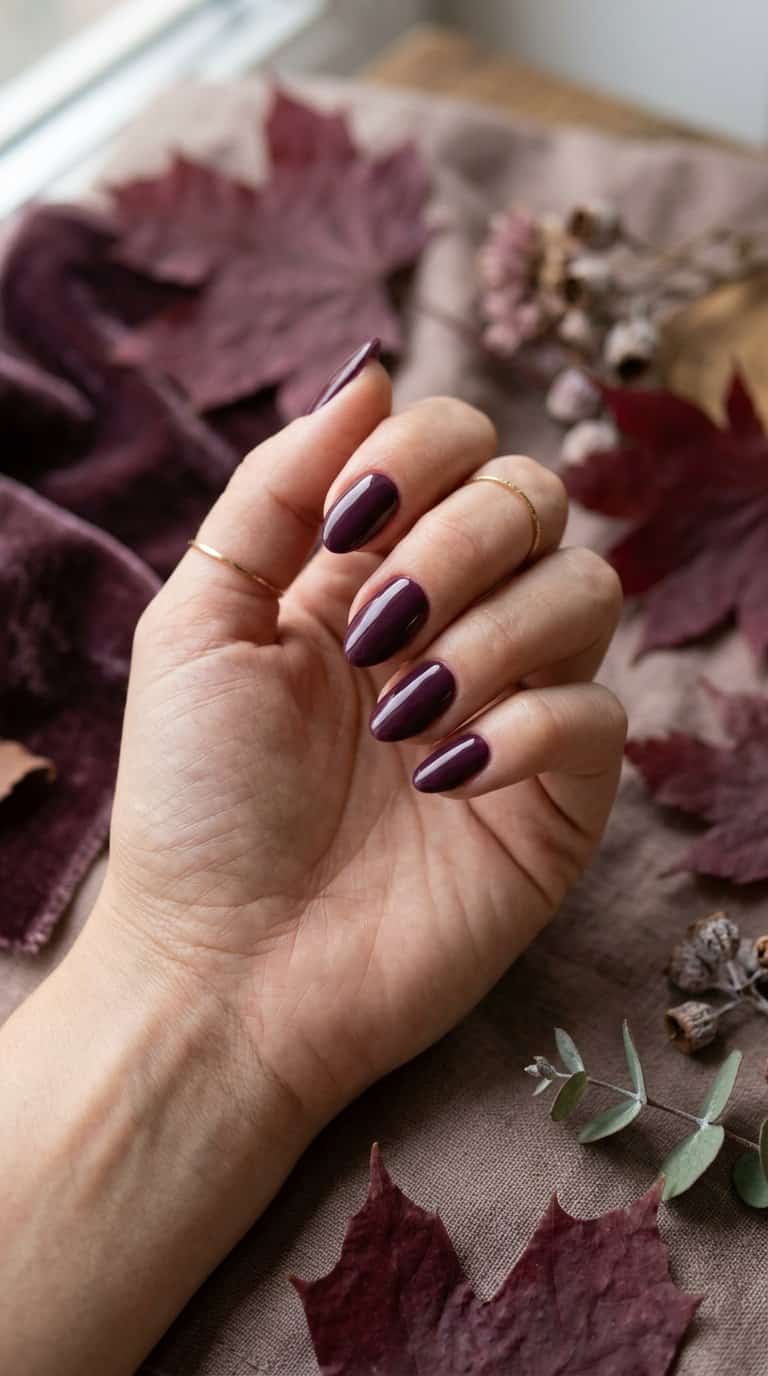 A hand with glossy deep plum nail polish rests beside autumn leaves and dried botanicals.