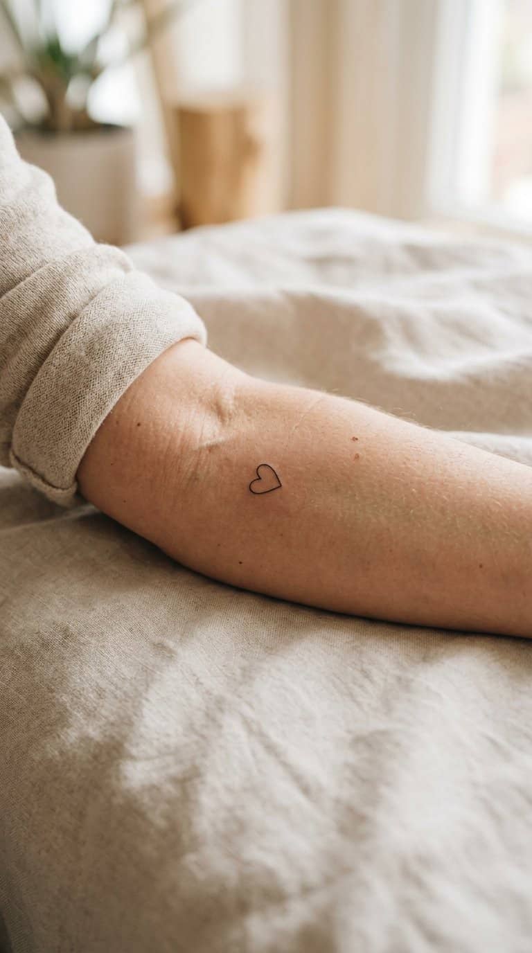 Close-up of a woman’s forearm with a small outlined heart tattoo.