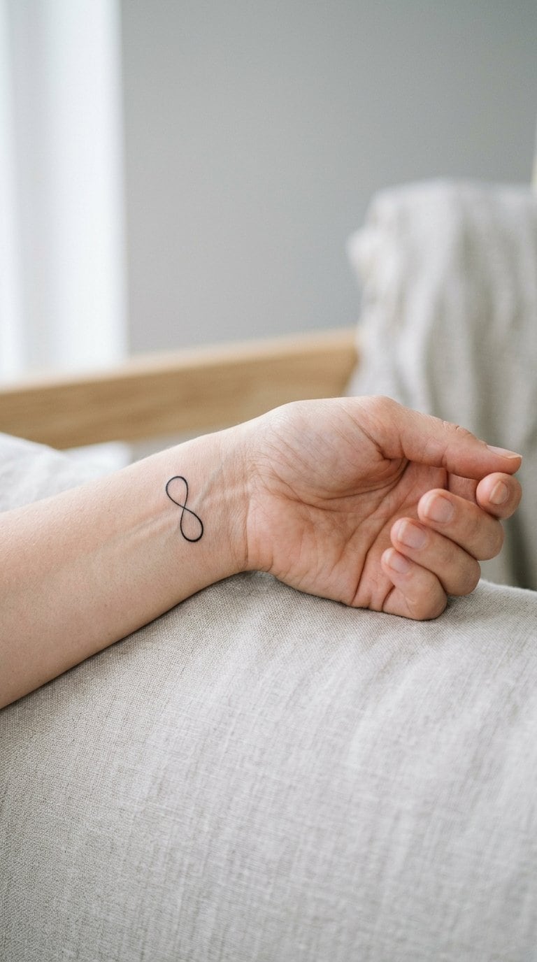 Close-up of a wrist with a small infinity symbol tattoo.