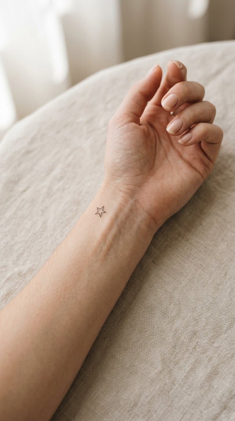 A woman’s wrist and hand displaying a small star tattoo.