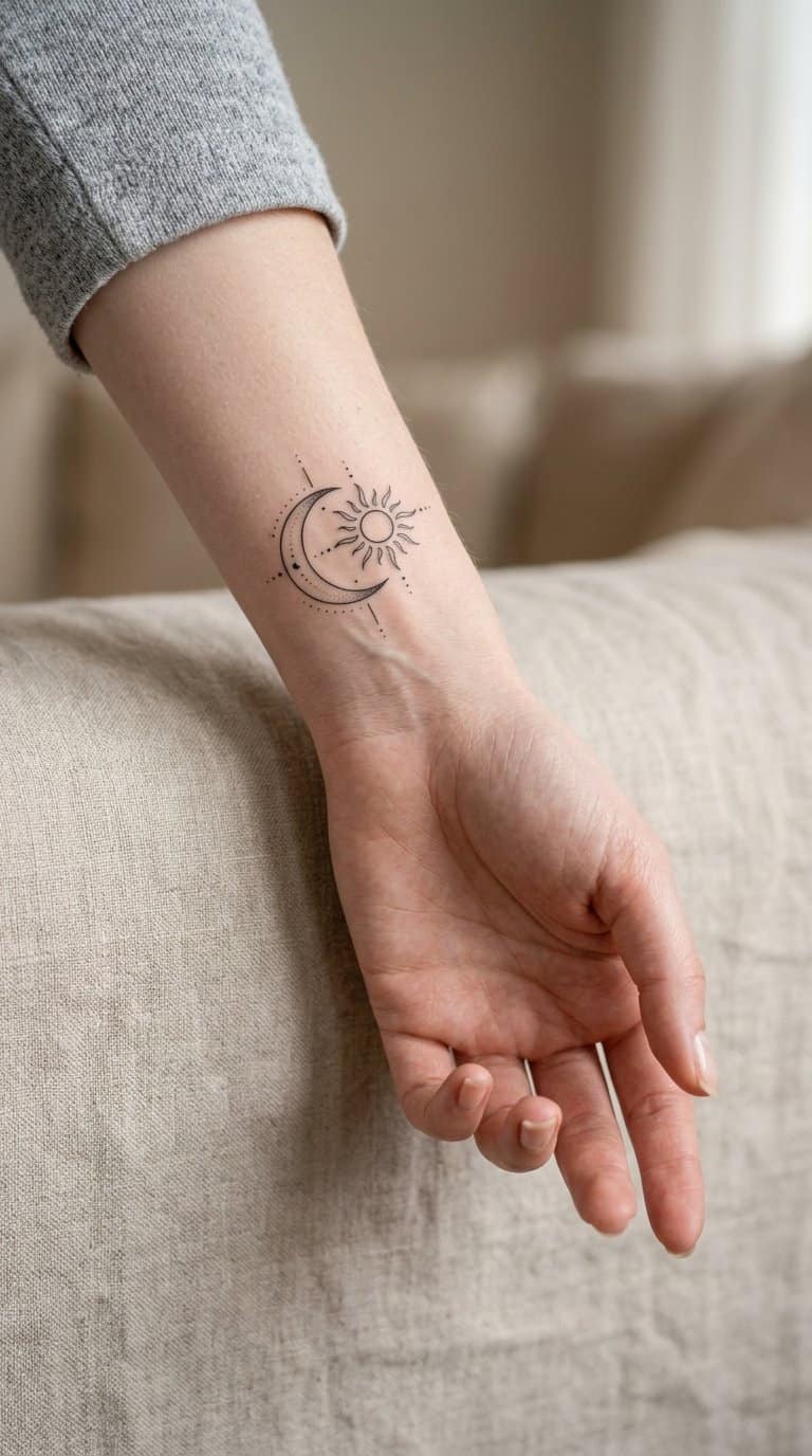 A close-up of a wrist with a delicate sun and crescent moon tattoo.