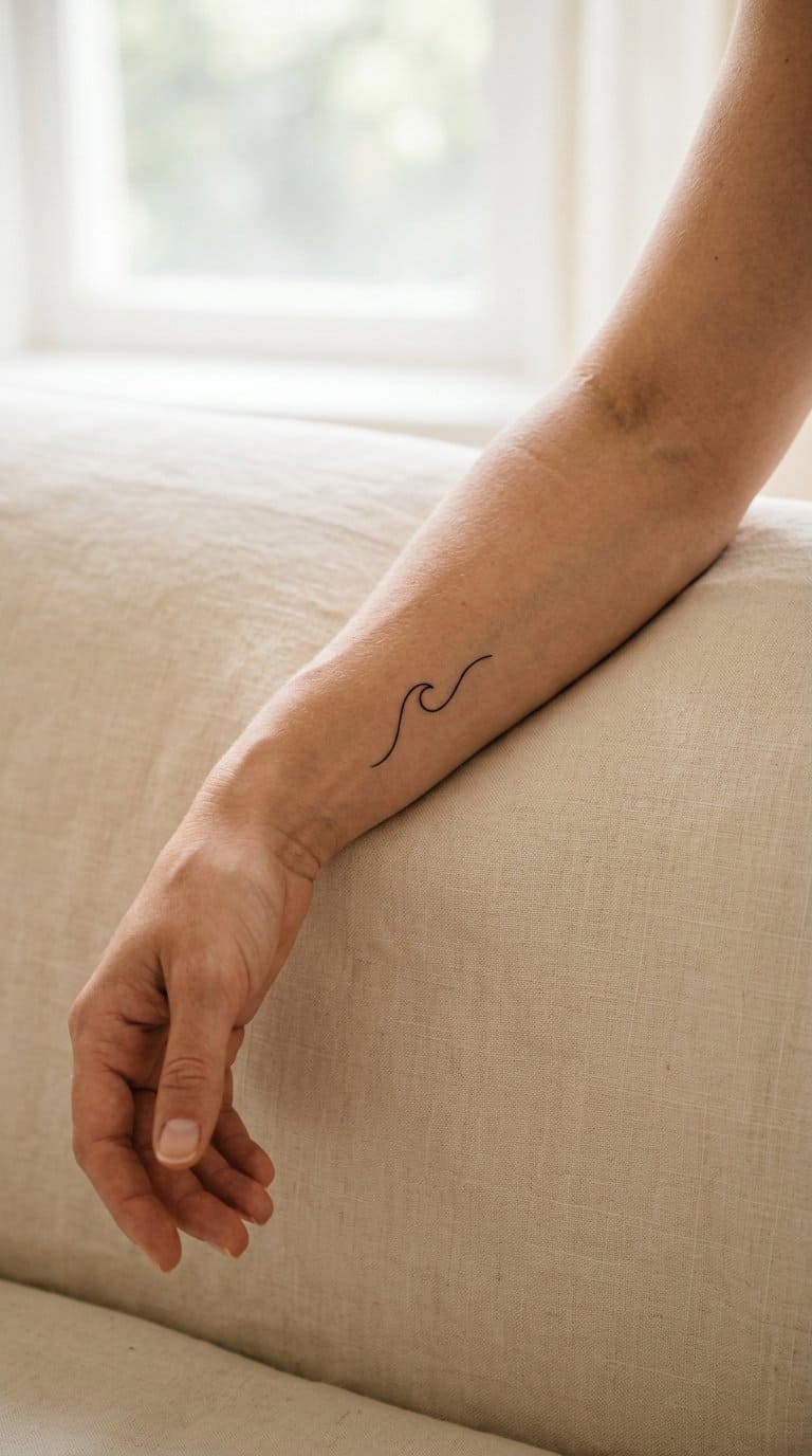 A woman’s forearm with a small delicate wave tattoo resting against a neutral background.
