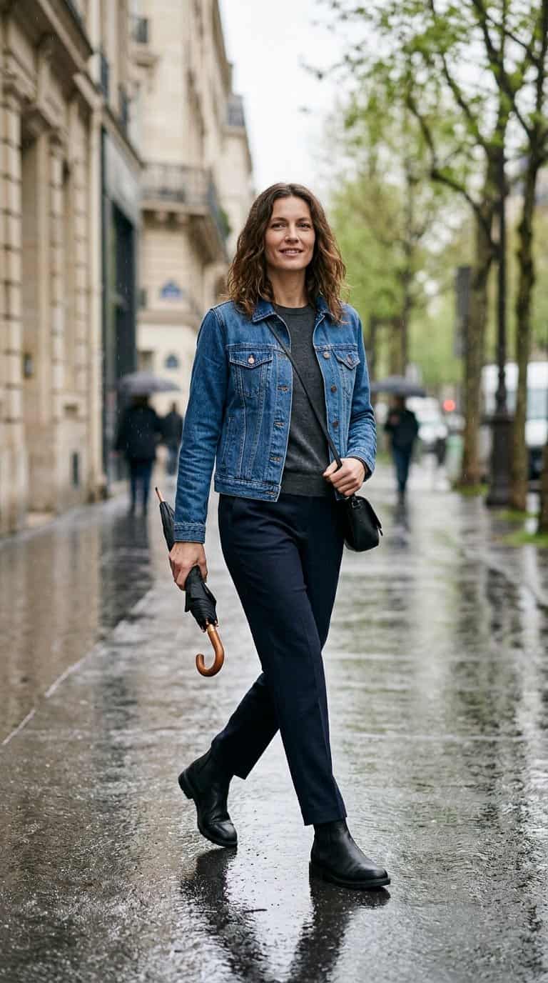 A person wearing a denim jacket walks along a wet city sidewalk in light rain.