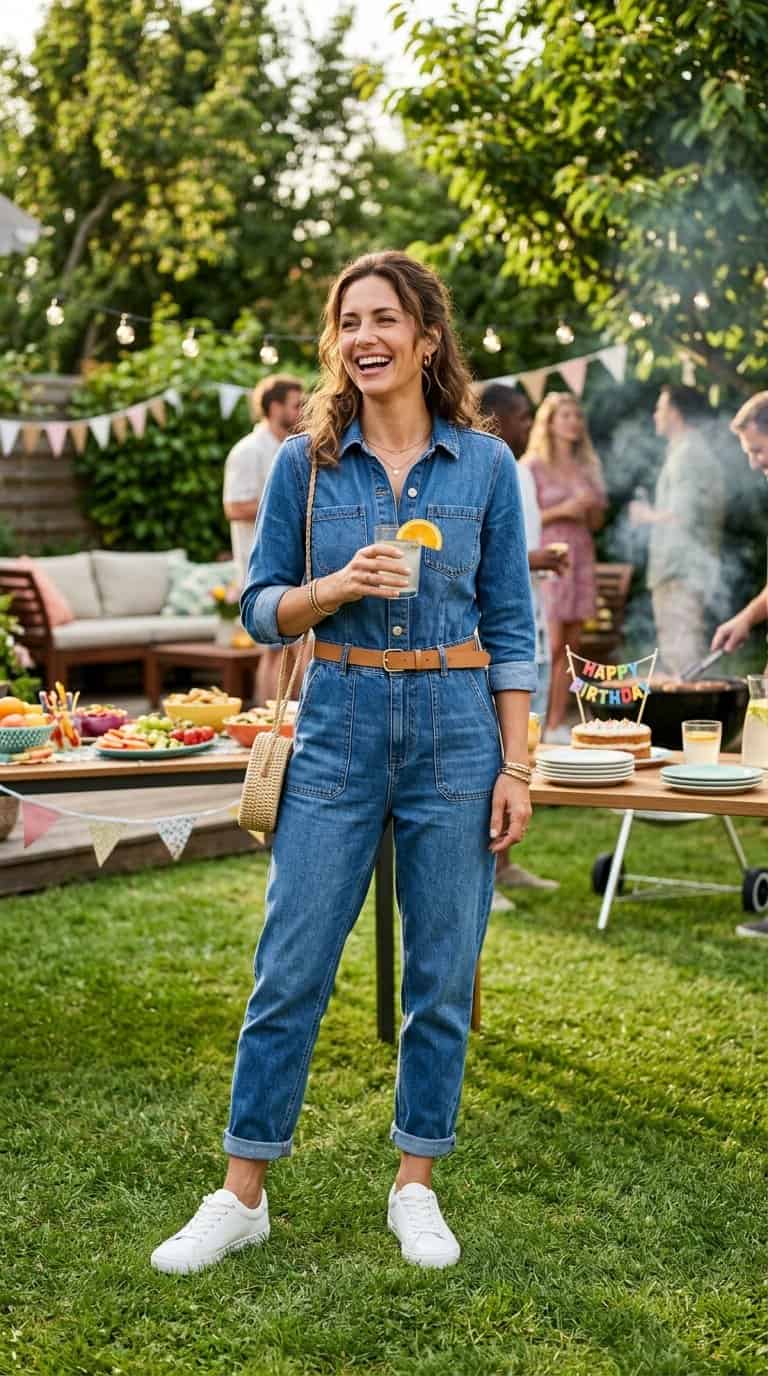Woman in a denim jumpsuit at a backyard birthday barbecue.