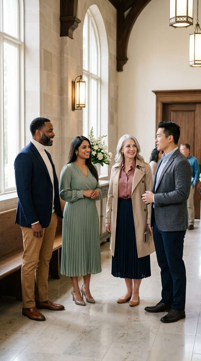A diverse group of adults wearing polished modest outfits gathers in a bright church foyer.