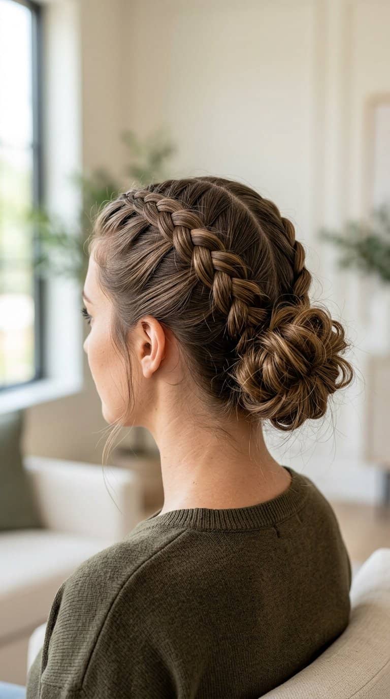 A woman wearing two Dutch braids gathered into a messy bun.
