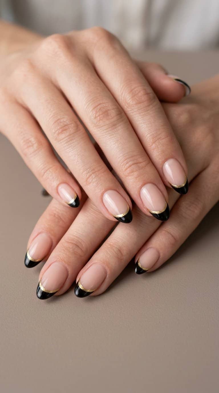 Close-up of hands with nude nails featuring black and gold double-line French tips.