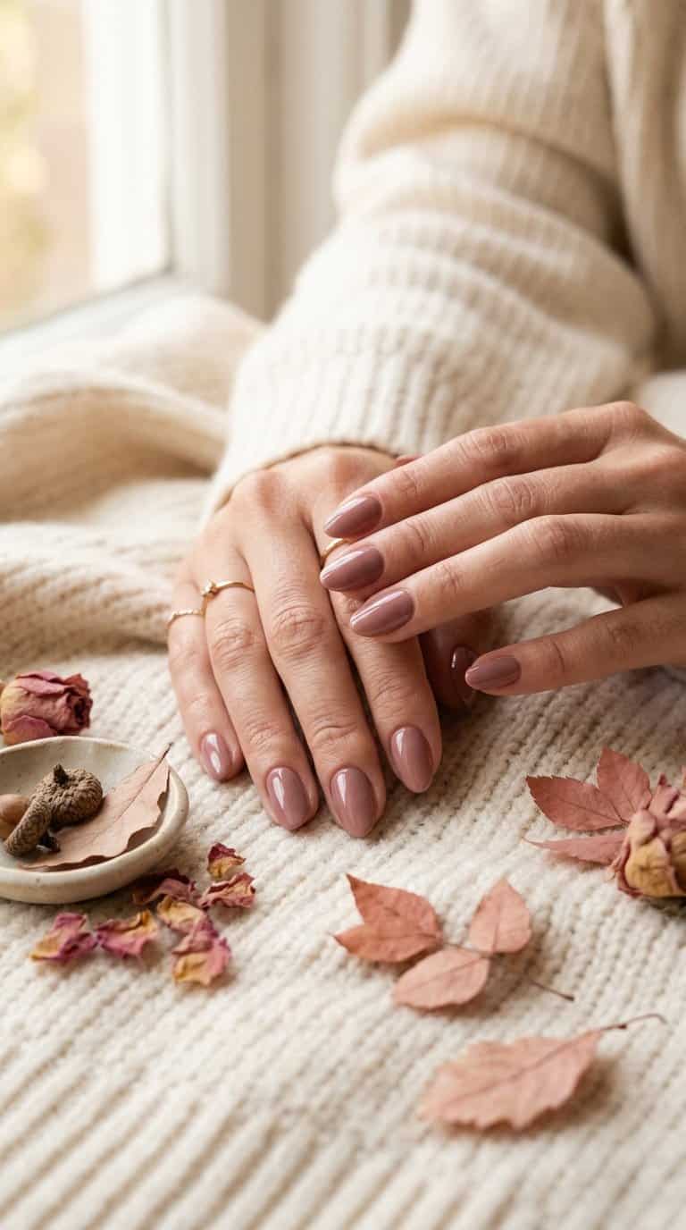 Hands with glossy dusty rose nail polish resting on a cream sweater beside autumn leaves.