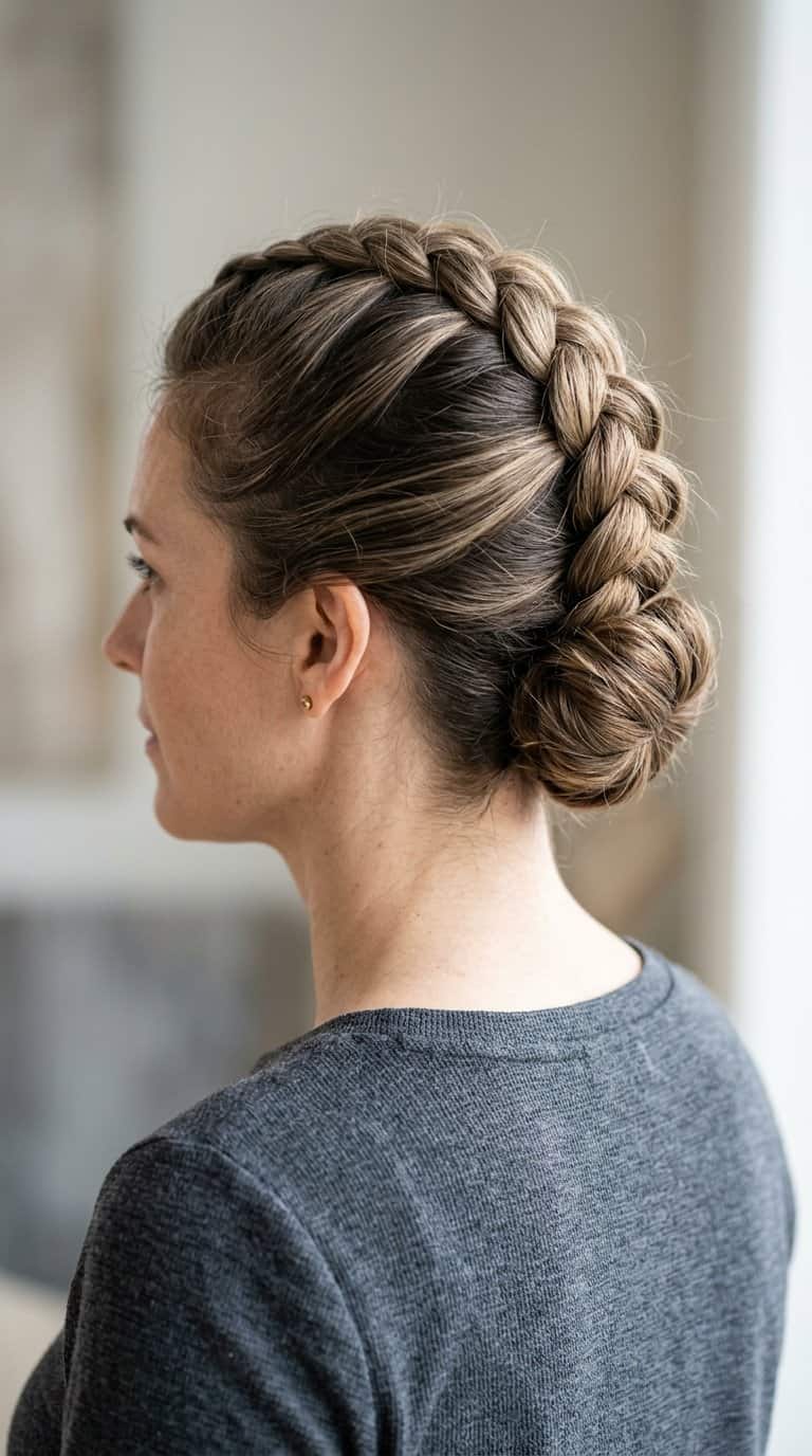 Woman wearing a raised Dutch braid mohawk updo.
